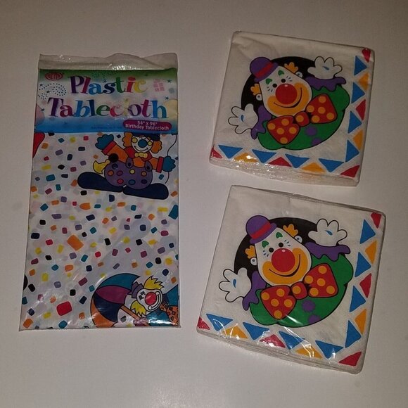NEW Clown Birthday Party Lot 2 Pkgs Napkins 1 Plastic Tablecloth Happy Creepy - Picture 1 of 8